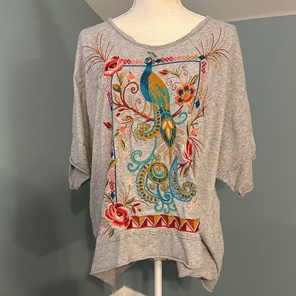 Johnny Was Tops - Johnny Was Gray Top with Colorful Embroidery